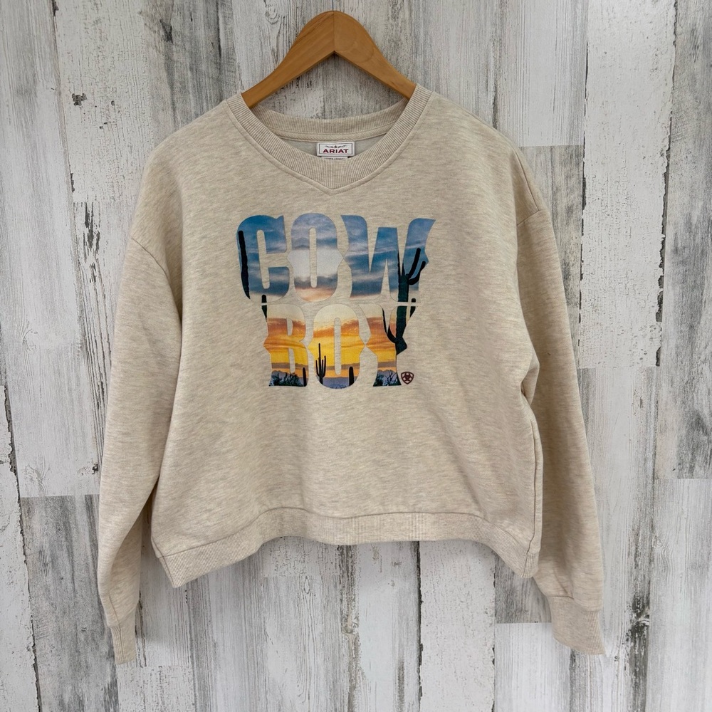 Ariat Women’s Size Large Pullover Cowboy Crew Cropped Sweater In Cream